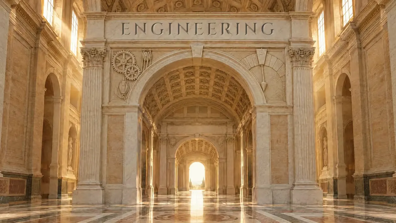 A carved marble archway in the hall, ENGINEERING cut into its lintel
