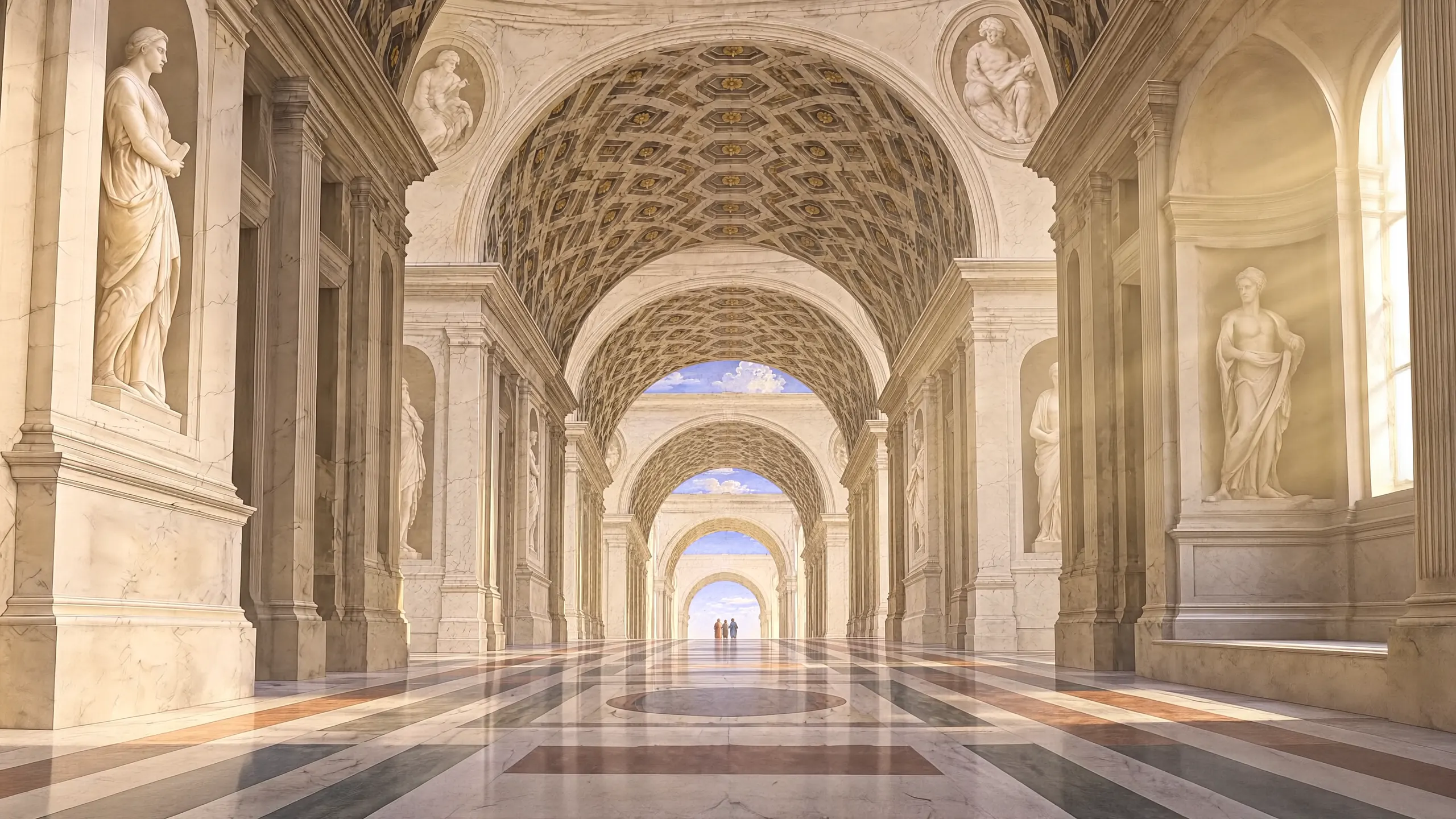 The marble hall at the end of the walk: travertine piers, a coffered vault, arches receding to a bright sky