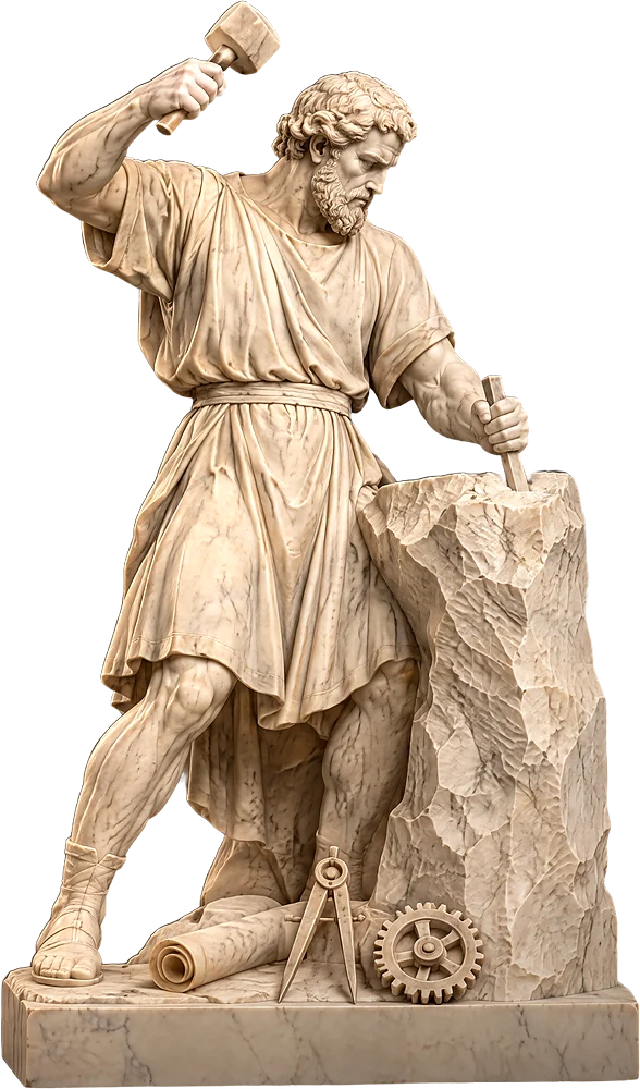 A marble statue of Craft, a sculptor cutting a block with mallet and chisel