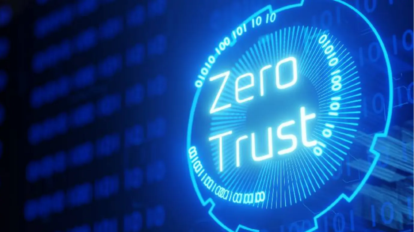 A glowing blue ring labelled Zero Trust, ringed with binary digits, set against a dark wall of scrolling ones and zeroes