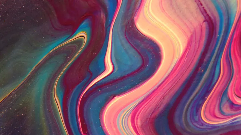 Swirling marbled paint in magenta, blue, peach and deep purple, the bands folding into one another like a scrolling ribbon