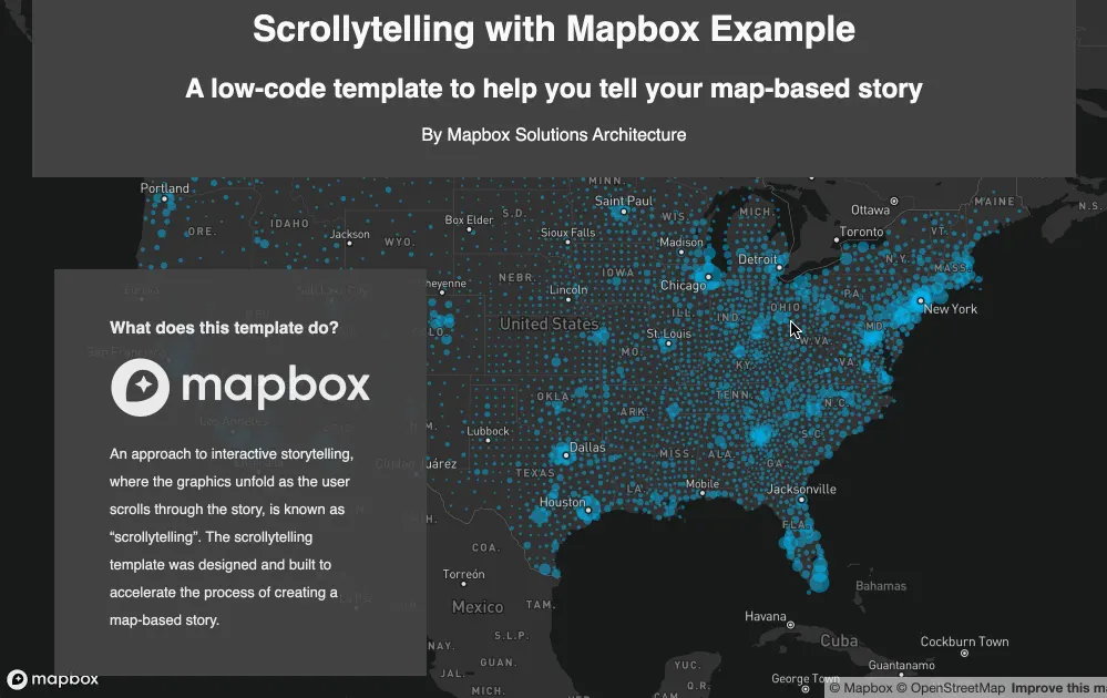 The Mapbox scrollytelling template running: a grey map of the United States speckled with blue data points beside an explanatory side panel