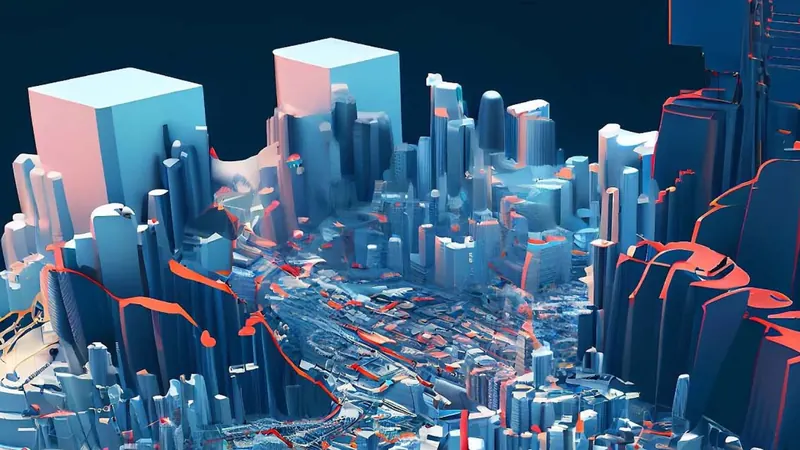 A dense 3D cityscape of pale blue and white blocks seen from above, cut through by bright red route lines