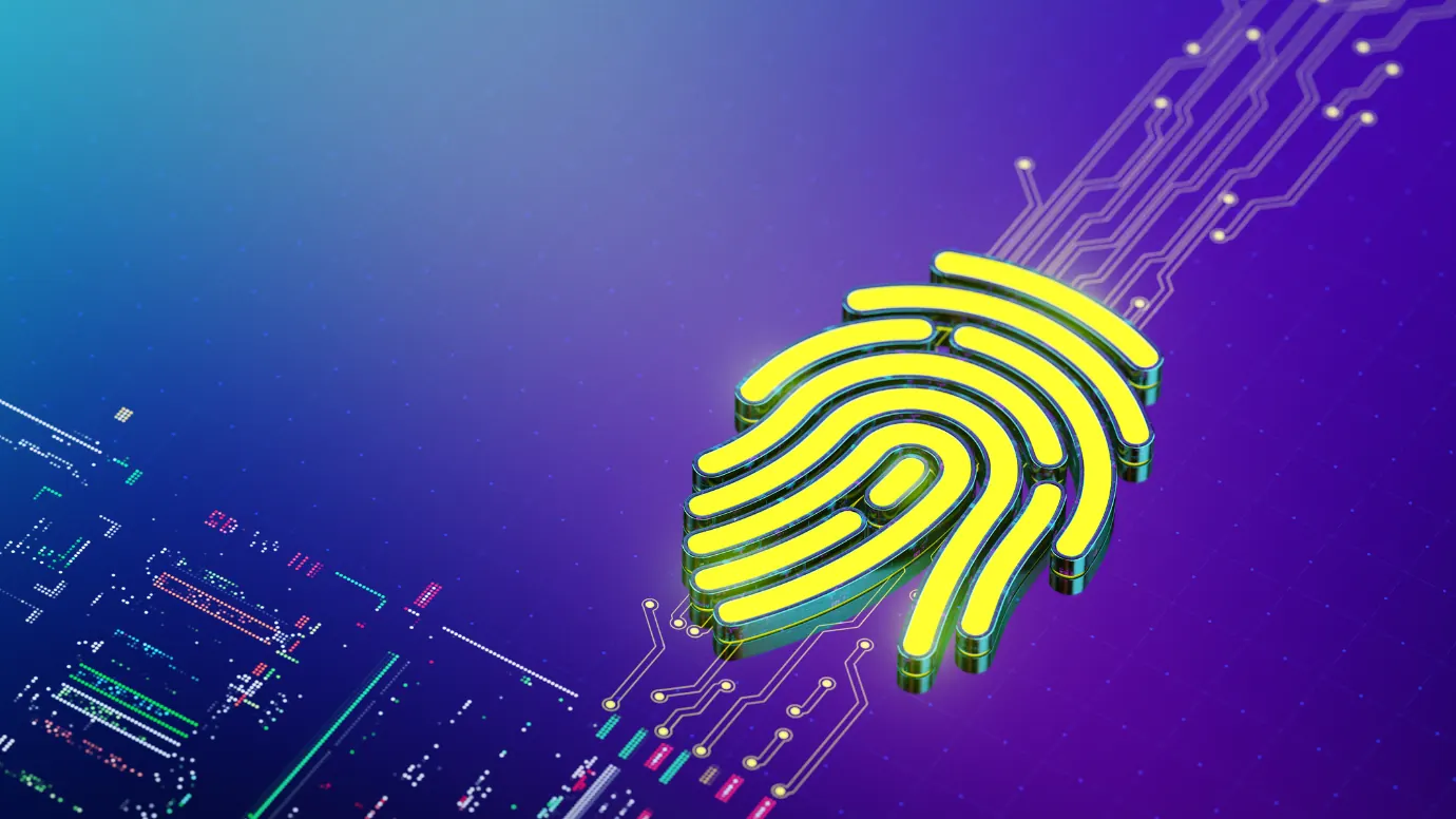A yellow fingerprint rendered in 3D on a blue-to-purple gradient, its ridges continuing outward as printed circuit traces