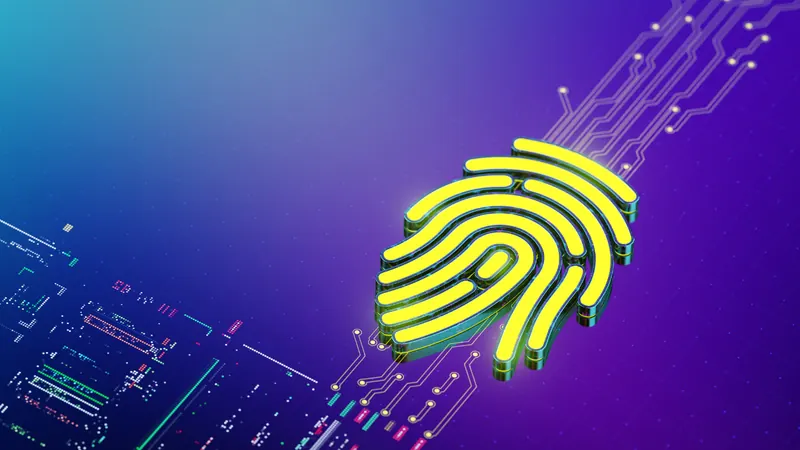 A yellow fingerprint rendered in 3D on a blue-to-purple gradient, its ridges continuing outward as printed circuit traces