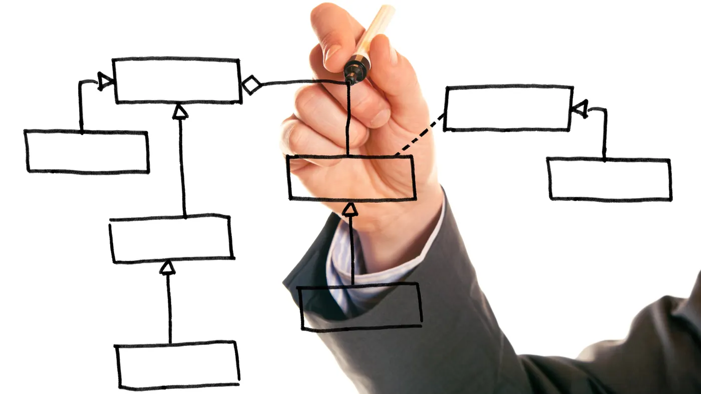 A hand in a suit sleeve drawing an empty flowchart of linked boxes on a glass board