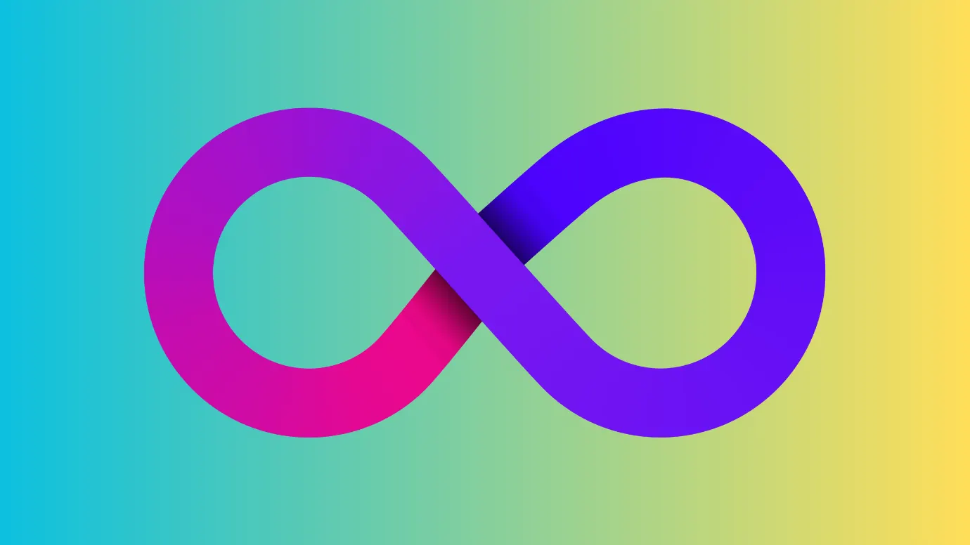 A magenta-to-violet infinity loop on a gradient of cyan and yellow — the DevOps cycle mark