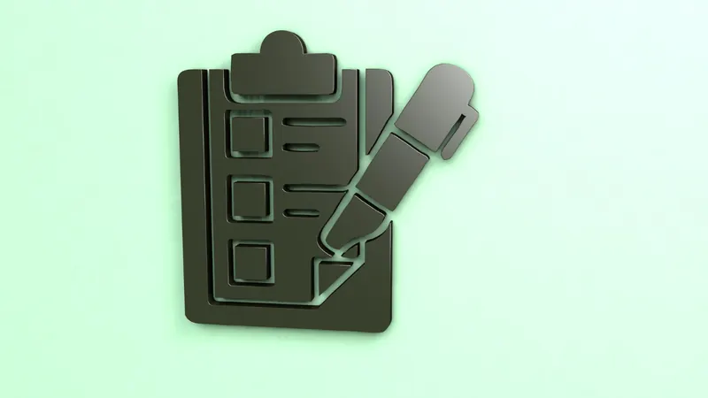 A dark 3D clipboard and pen with a tick-box checklist on it, floating on a pale mint background