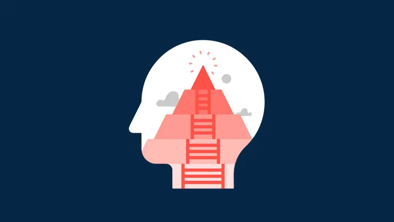 A white silhouetted head on navy, containing a coral pyramid climbed by a ladder