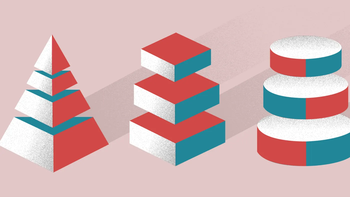 Three shapes in red, white and teal on a pink ground — a stepped pyramid, a stack of slabs and a stack of discs
