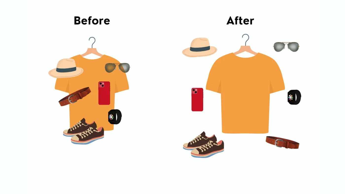 A before-and-after pair of a t-shirt and accessories, crowded together in the first frame and evenly spaced in the second