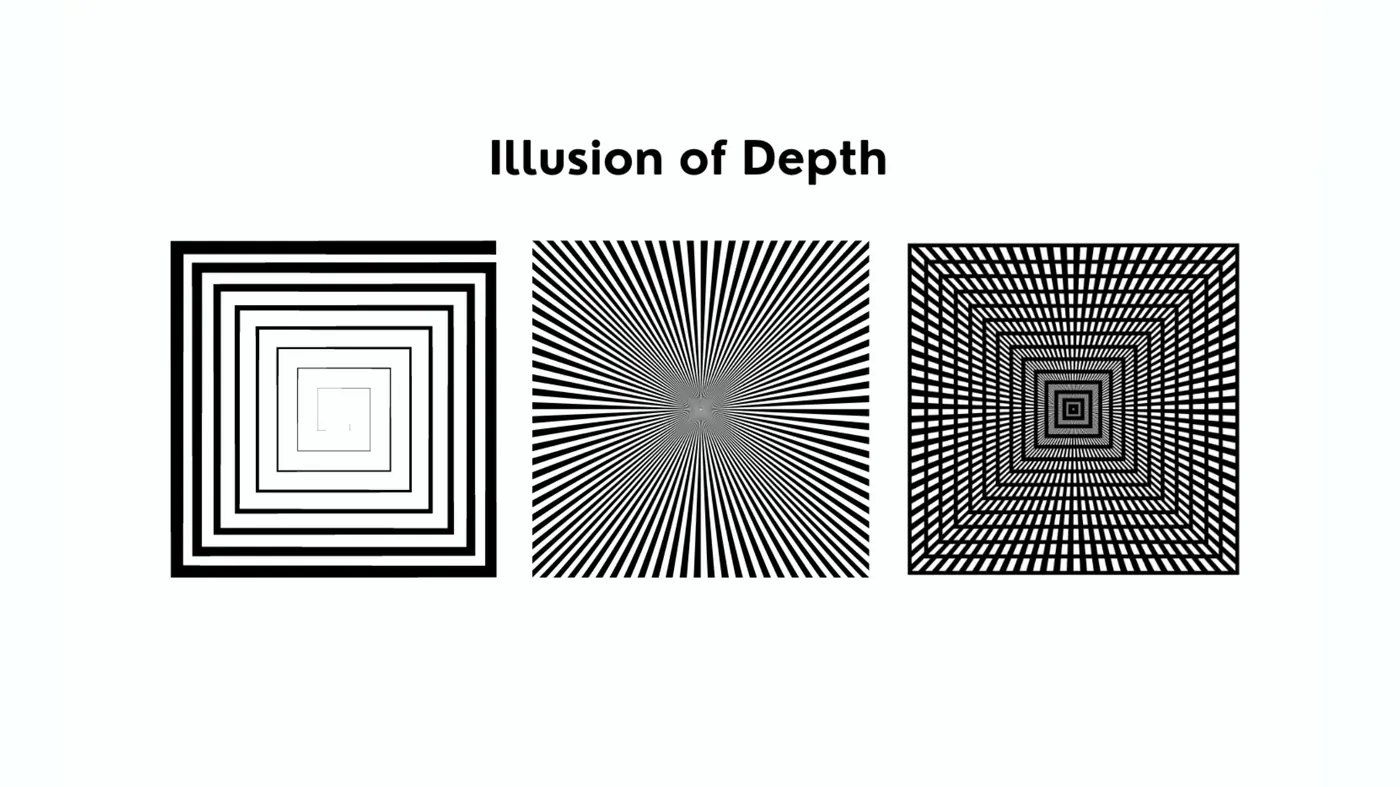 Three black-and-white op-art squares titled Illusion of Depth — concentric squares, radiating lines and a nested grid