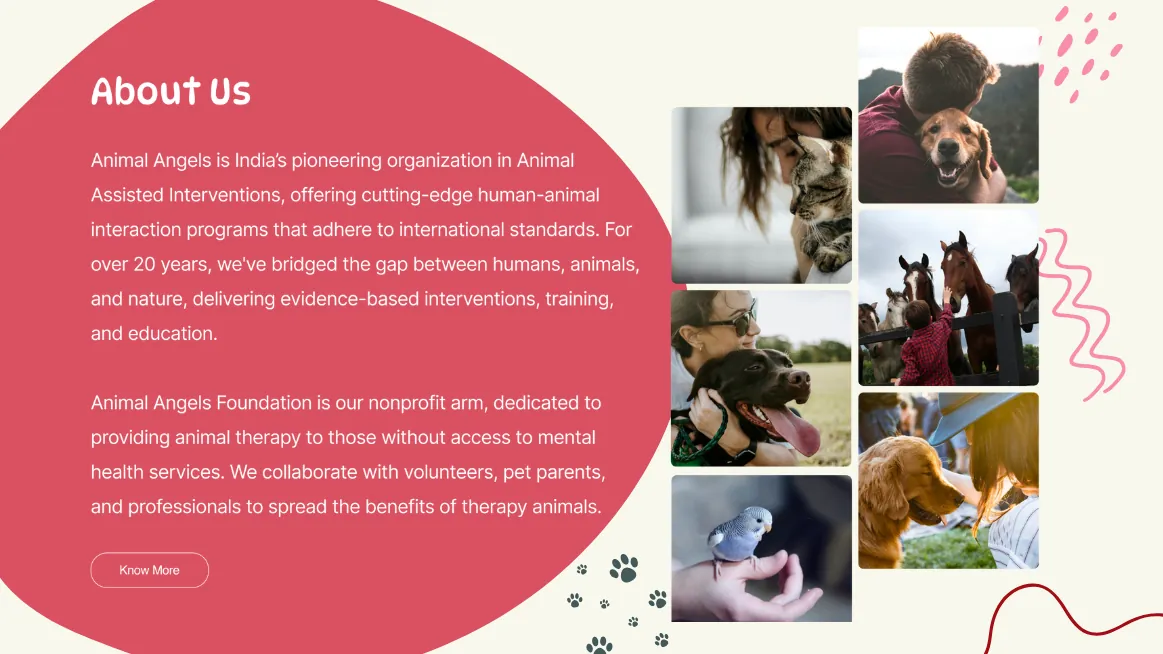 The About section, pairing the foundation's story with a photo mosaic