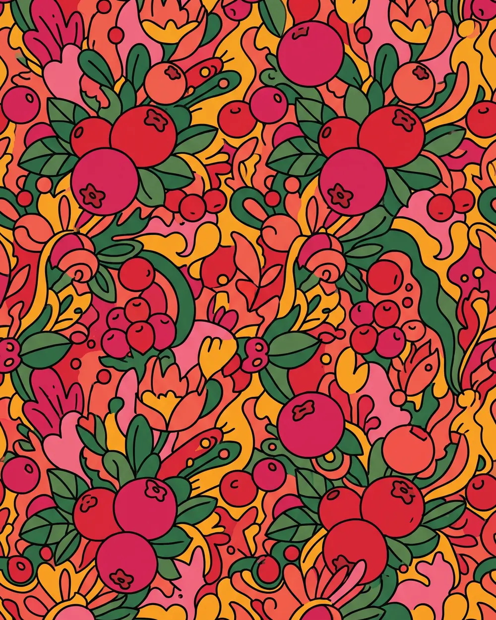 The cranberry artwork at full size — berries, leaves and blossoms drawn edge to edge