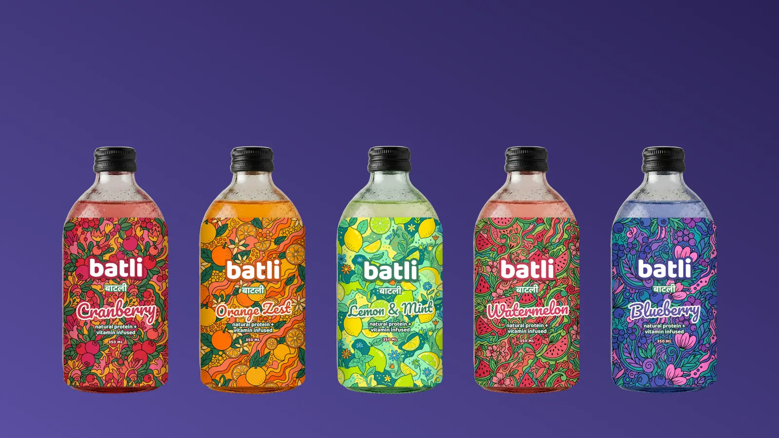 All five Batli flavours ranked in a row — cranberry, orange zest, lemon and mint, watermelon, blueberry