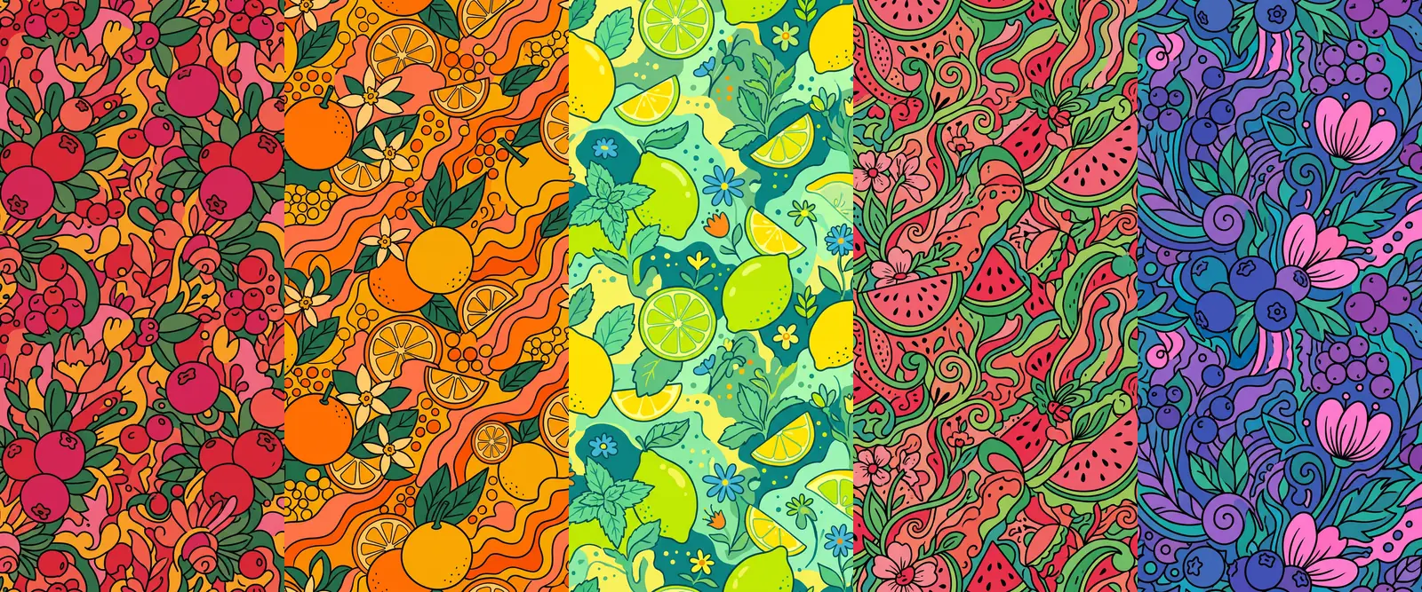 The five label artworks side by side, showing how each flavour holds its own colour world