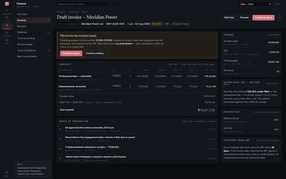 An invoice in the prototype, drafted by an agent and awaiting authorisation