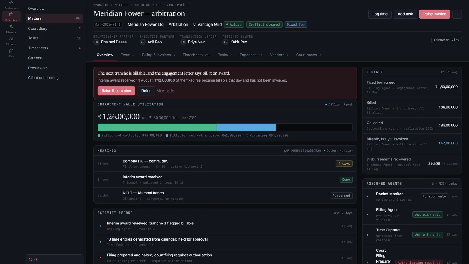 The matter screen — parties, hearings, documents and time in one view