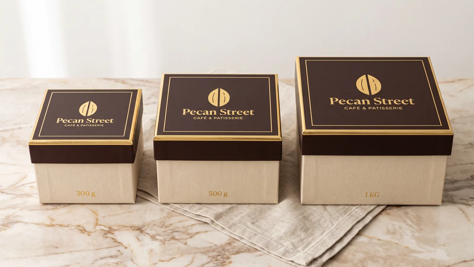 Three box sizes in espresso and ivory, stacked to show the shared proportion system