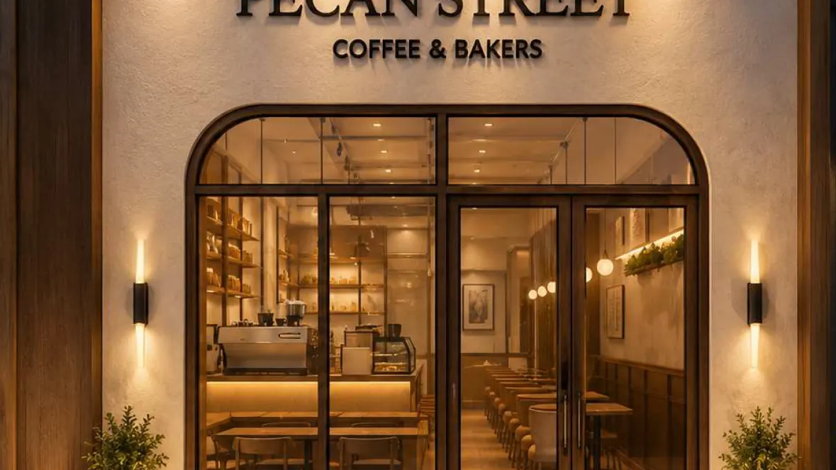 Shopfront at dusk with the Pecan Street name across the fascia above an arched doorway