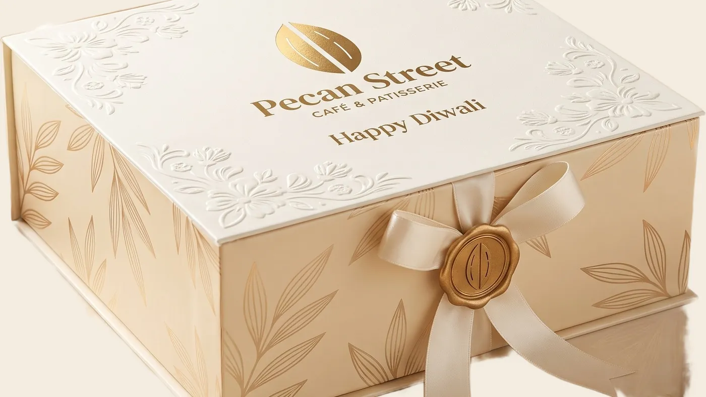 Embossed ivory gift box with the Pecan Street cocoa-pod mark in gold foil and a wax seal