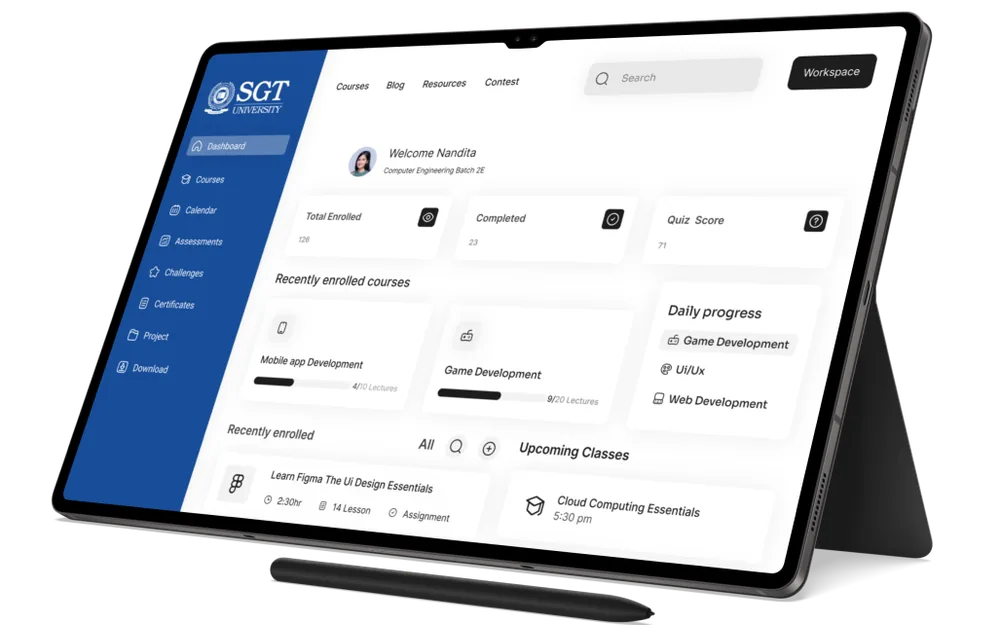 The student dashboard — enrolled courses, progress and upcoming classes
