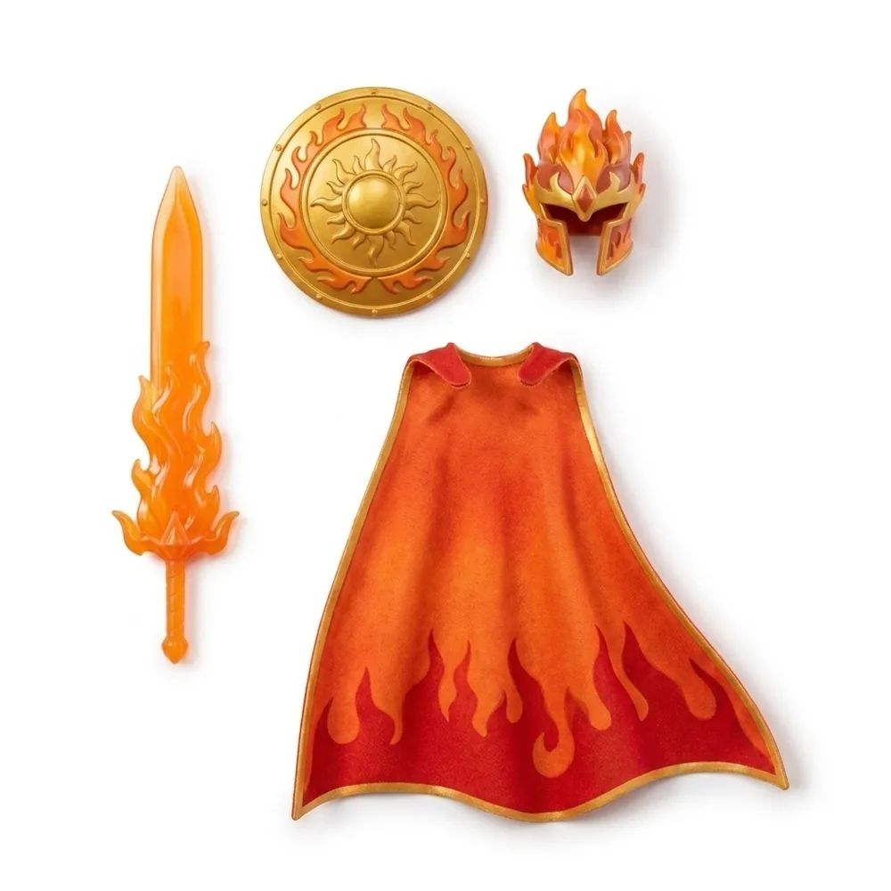 Blaze's accessory set — flame sword, sun-shield, helmet and cape